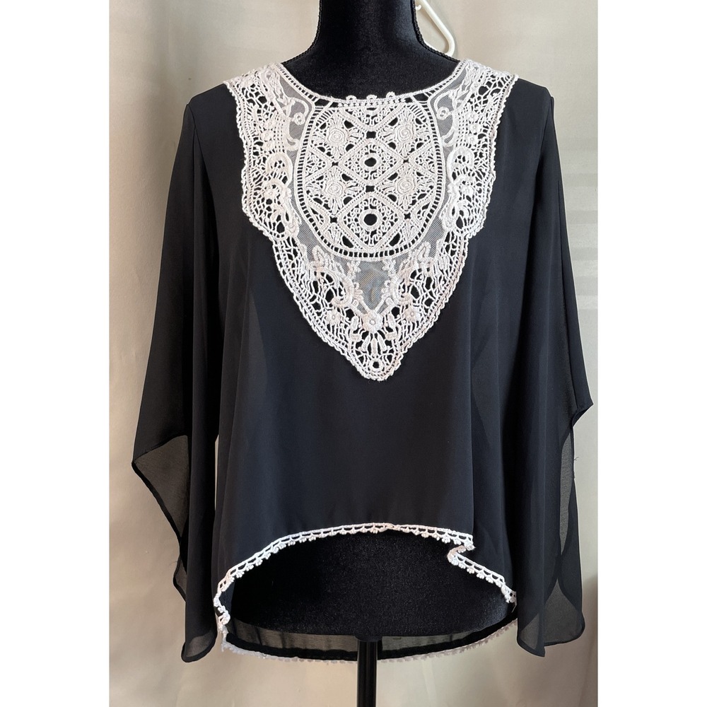 Umgee Women Medium Blouse Black Crochet Lace Bib Cape Sleeve High Low Whimsigoth